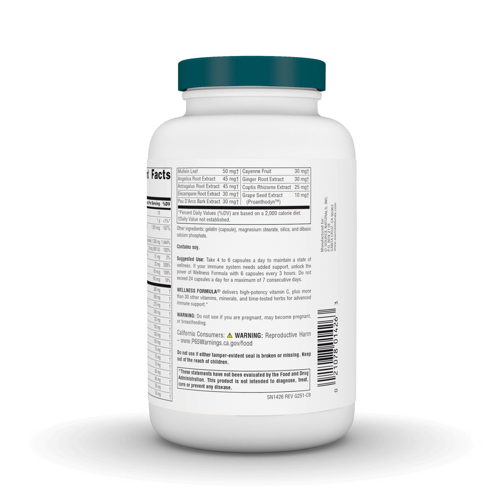 Source Naturals Wellness Formula capsules stacked, highlighting easy daily dosing.
