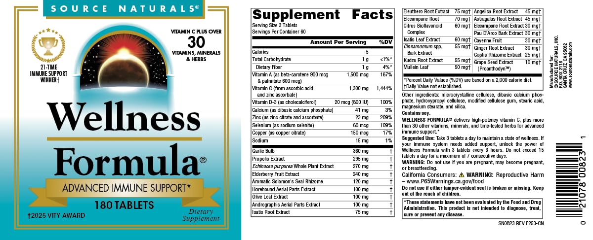 Source Naturals Wellness Formula label detail shows key ingredients