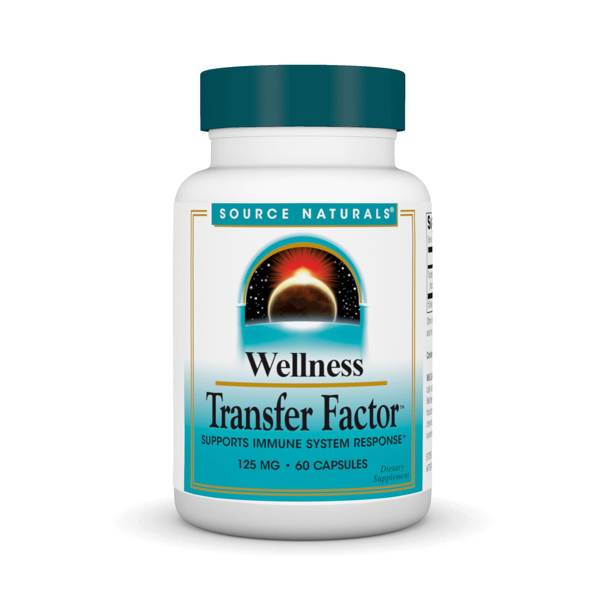 Source Naturals Wellness Transfer Factor bottle on a counter, supporting daily immune balance