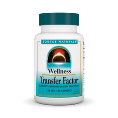 Source Naturals Wellness Transfer Factor bottle on a counter, supporting daily immune balance