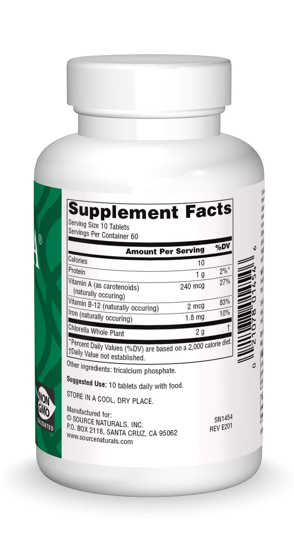 Yaeyama Chlorella label close-up from Source Naturals, vegan nutrients showcased.