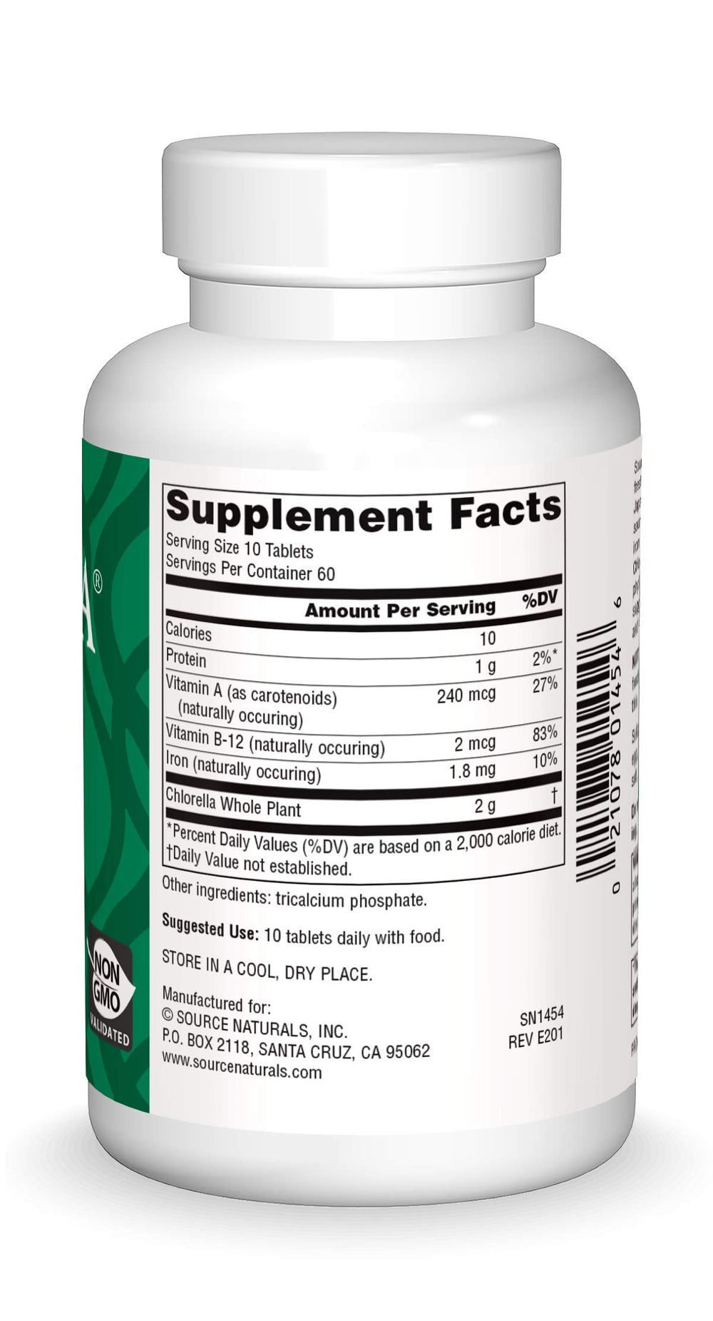 Yaeyama Chlorella label close-up from Source Naturals, vegan nutrients showcased.