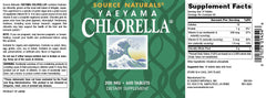 Yaeyama Chlorella tablets back, allergen-free formula and vegan suitability.