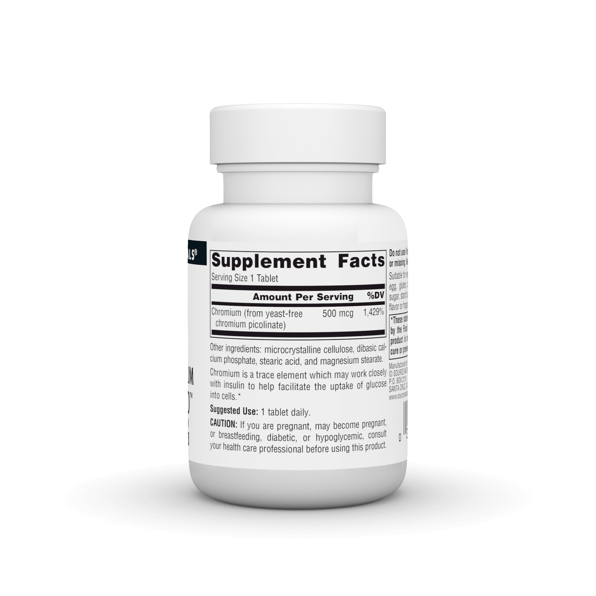 Source Naturals Chromium Picolinate label highlights yeast-free, vegetarian formula