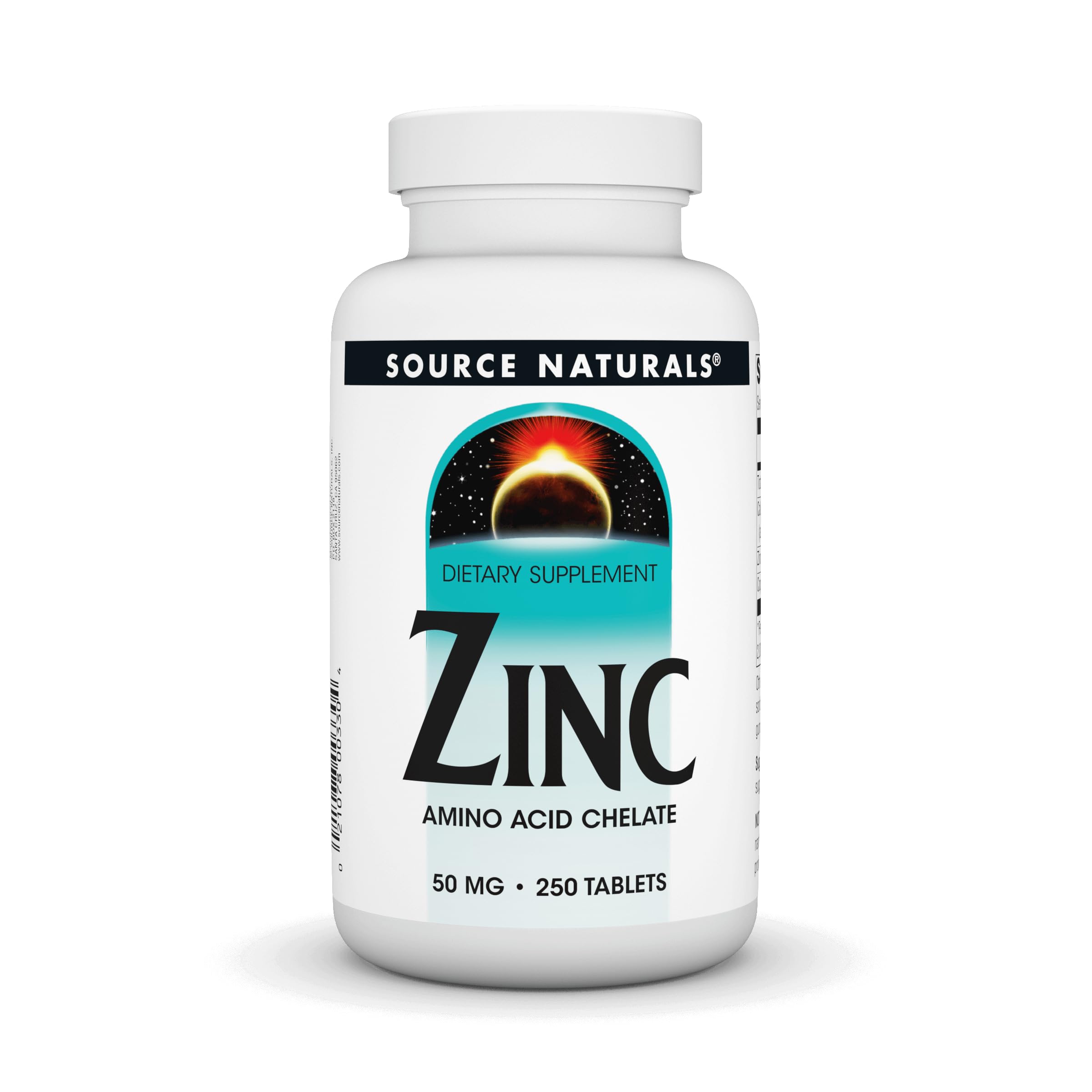 Source Naturals Zinc amino acid chelate bottle front view highlights 50 mg per tablet for daily wellness.