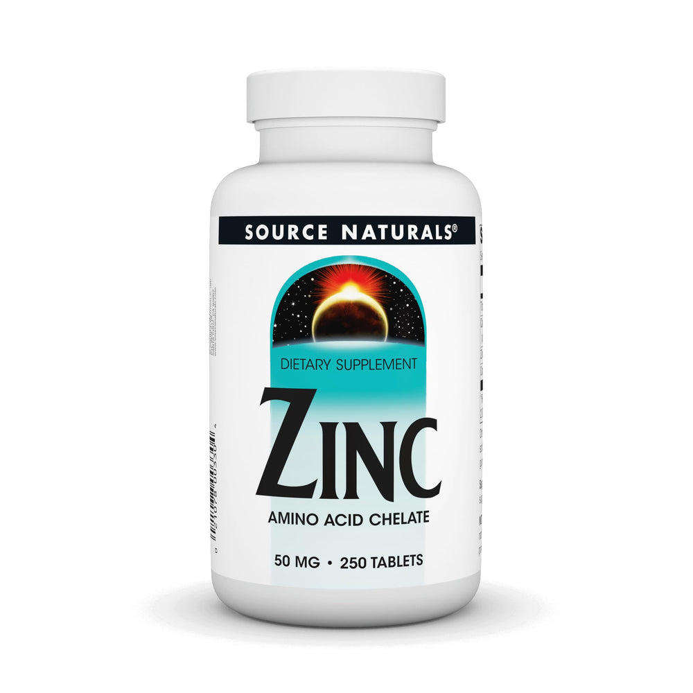 Source Naturals Zinc amino acid chelate bottle front view highlights 50 mg per tablet for daily wellness.