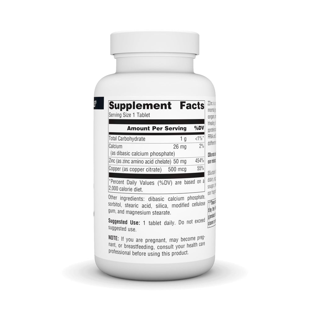 Source Naturals zinc bottle label close-up emphasizes dosage and user-friendly daily use.