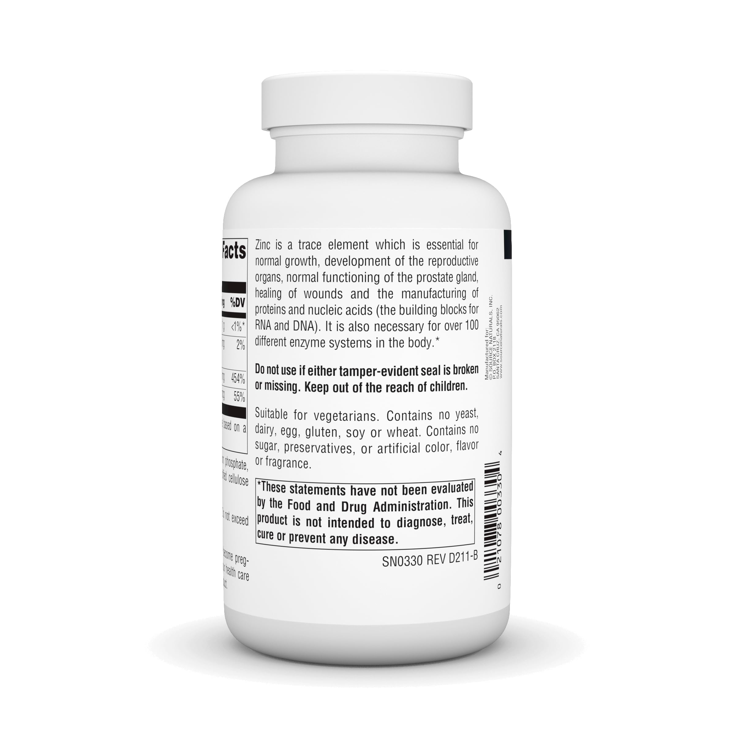 Source Naturals zinc tablets poured into hand illustrate easy daily supplementation.