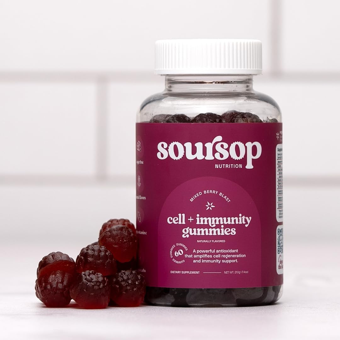 Soursop Nutrition berry-flavored gummies serving suggests easy daily wellness ritual.