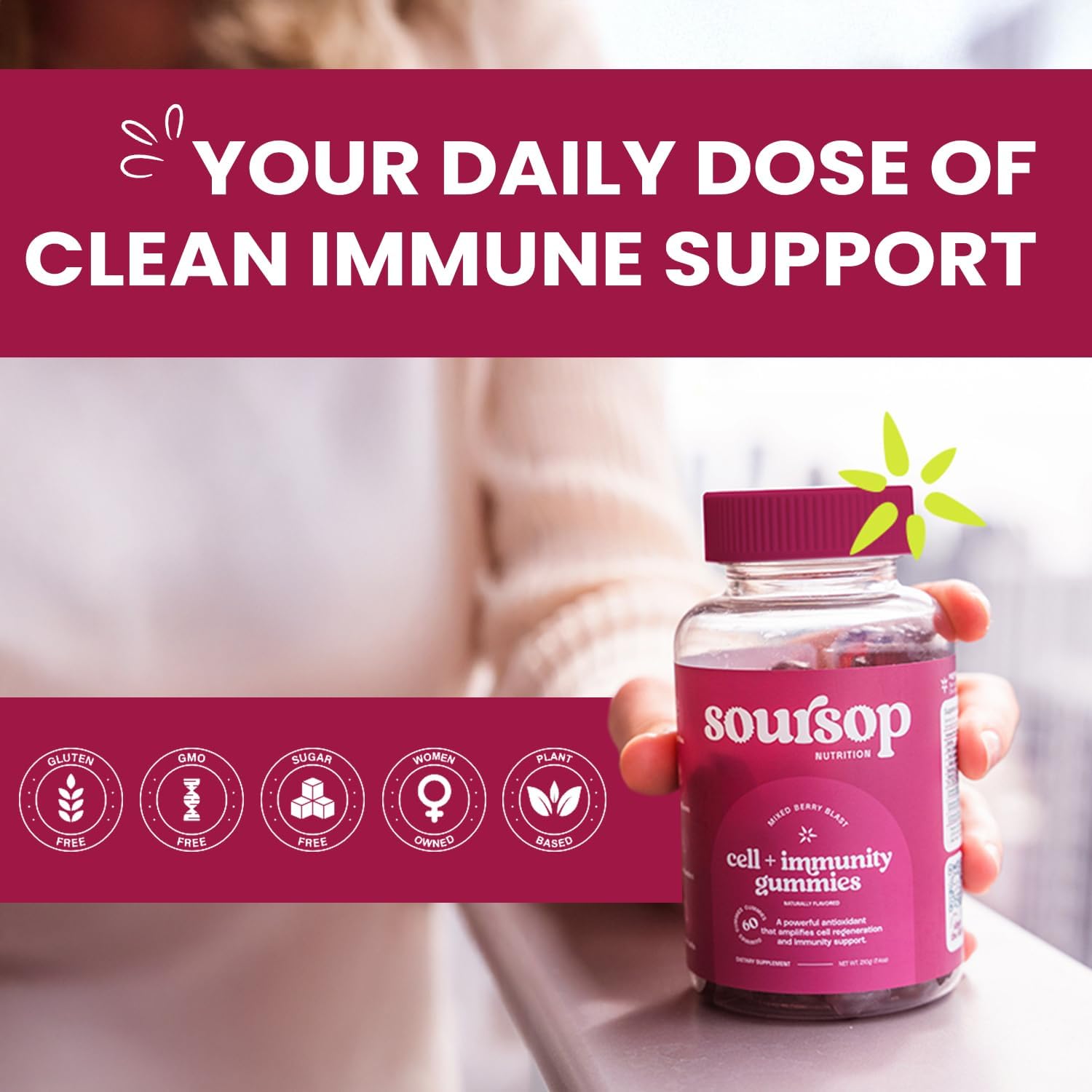 Soursop Nutrition digestive aid gummies close-up showing vegan, sugar-free formula.