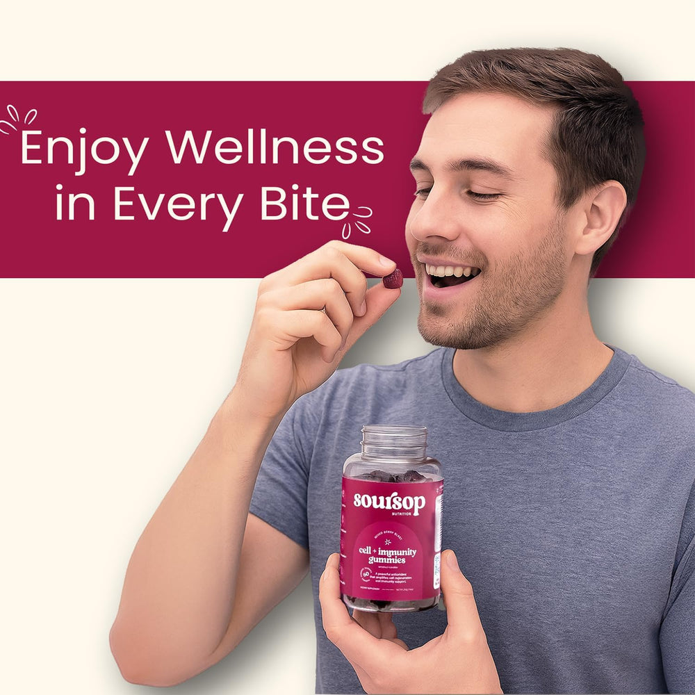 Soursop Nutrition vitamin C zinc gummies bottle highlights immune health and natural energy.