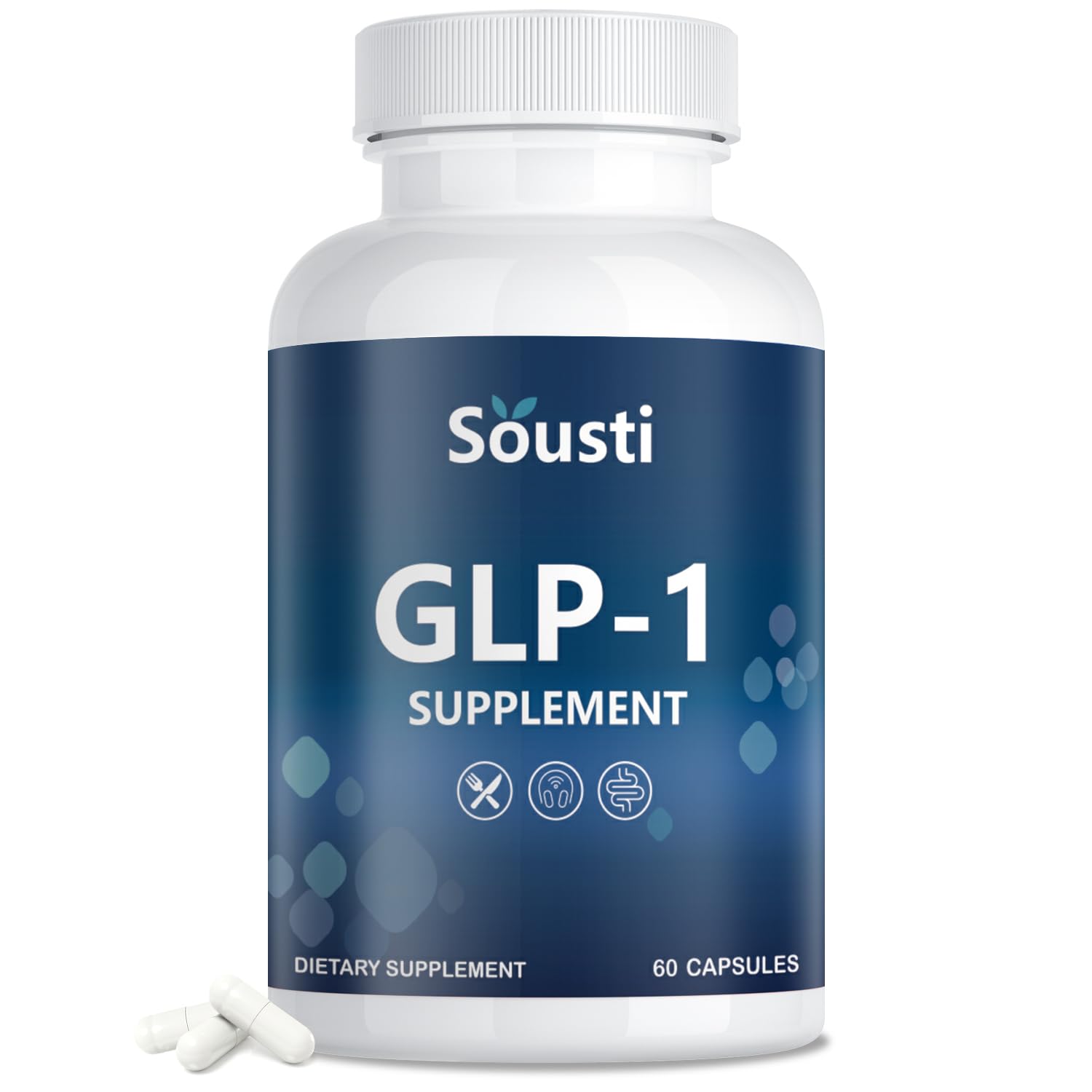 Sousti GLP-1 bottle with natural formula highlighting metabolism support.