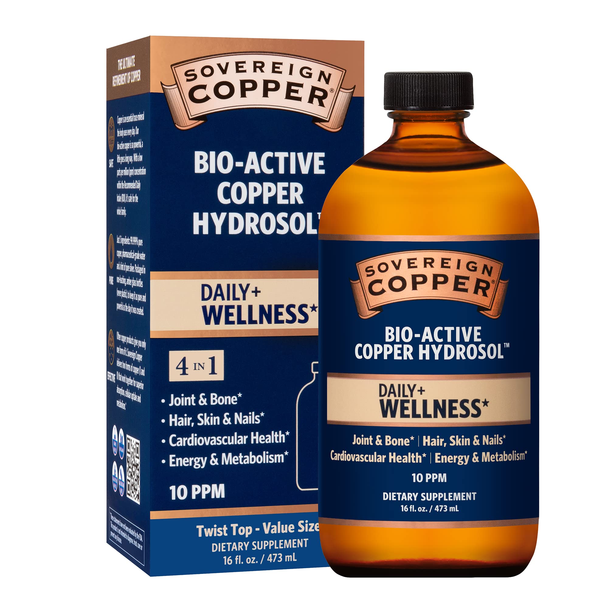 Sovereign Copper Hydrosol bottle pour shows bioavailable copper for daily use.