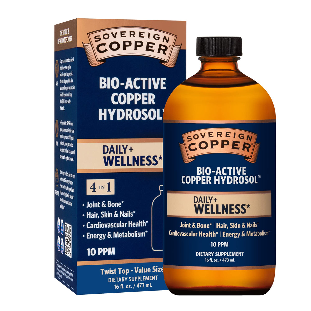 Sovereign Copper Hydrosol bottle pour shows bioavailable copper for daily use.