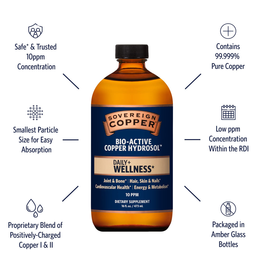 Sovereign Copper Hydrosol dropper dispensing emphasizes collagen and connective tissue support.