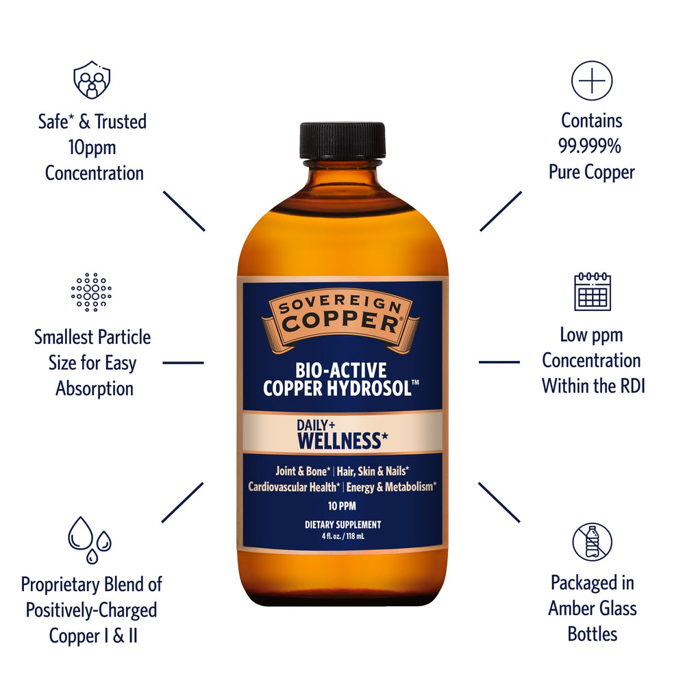 Sovereign Copper Hydrosol label closeup reveals purity and ingredients.
