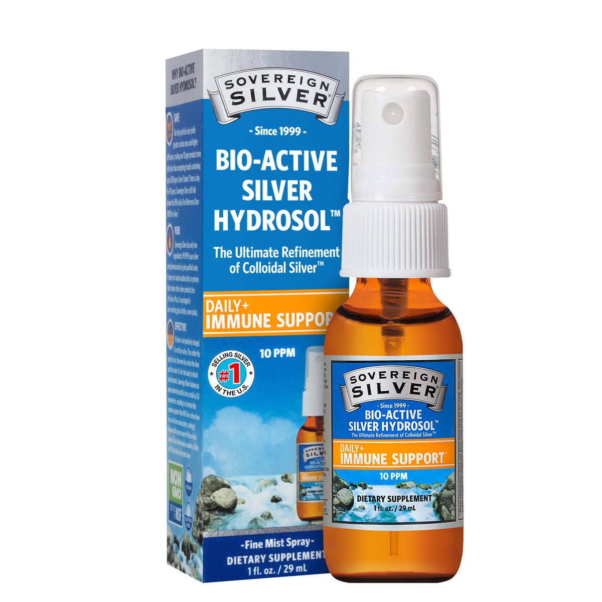 Sovereign Silver bioactive hydrosol bottle highlighting glass packaging for purity and stability.