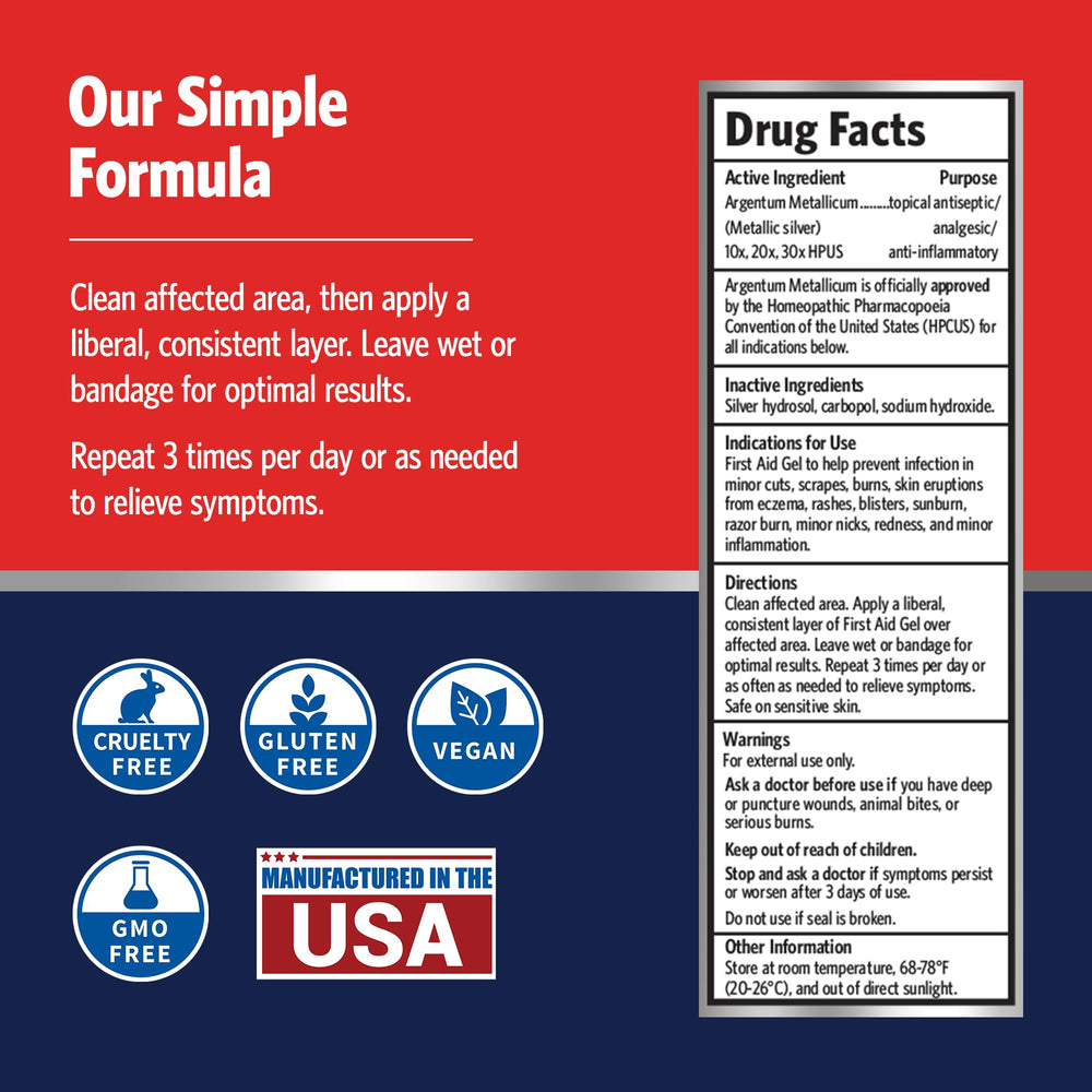 Sovereign Silver First Aid Gel shows homeopathic dilutions 10x 20x 30x