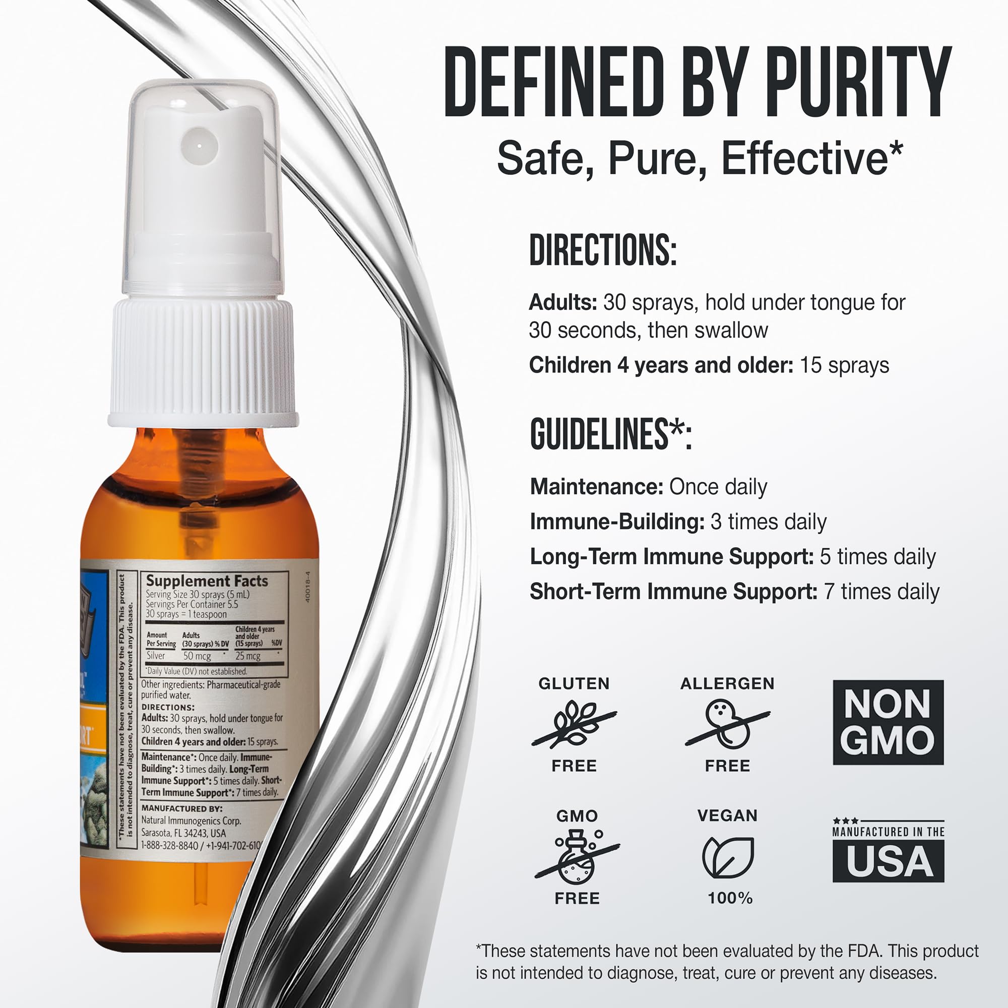 Sovereign Silver glass bottle packaging emphasizes purity and eco-friendly choice.