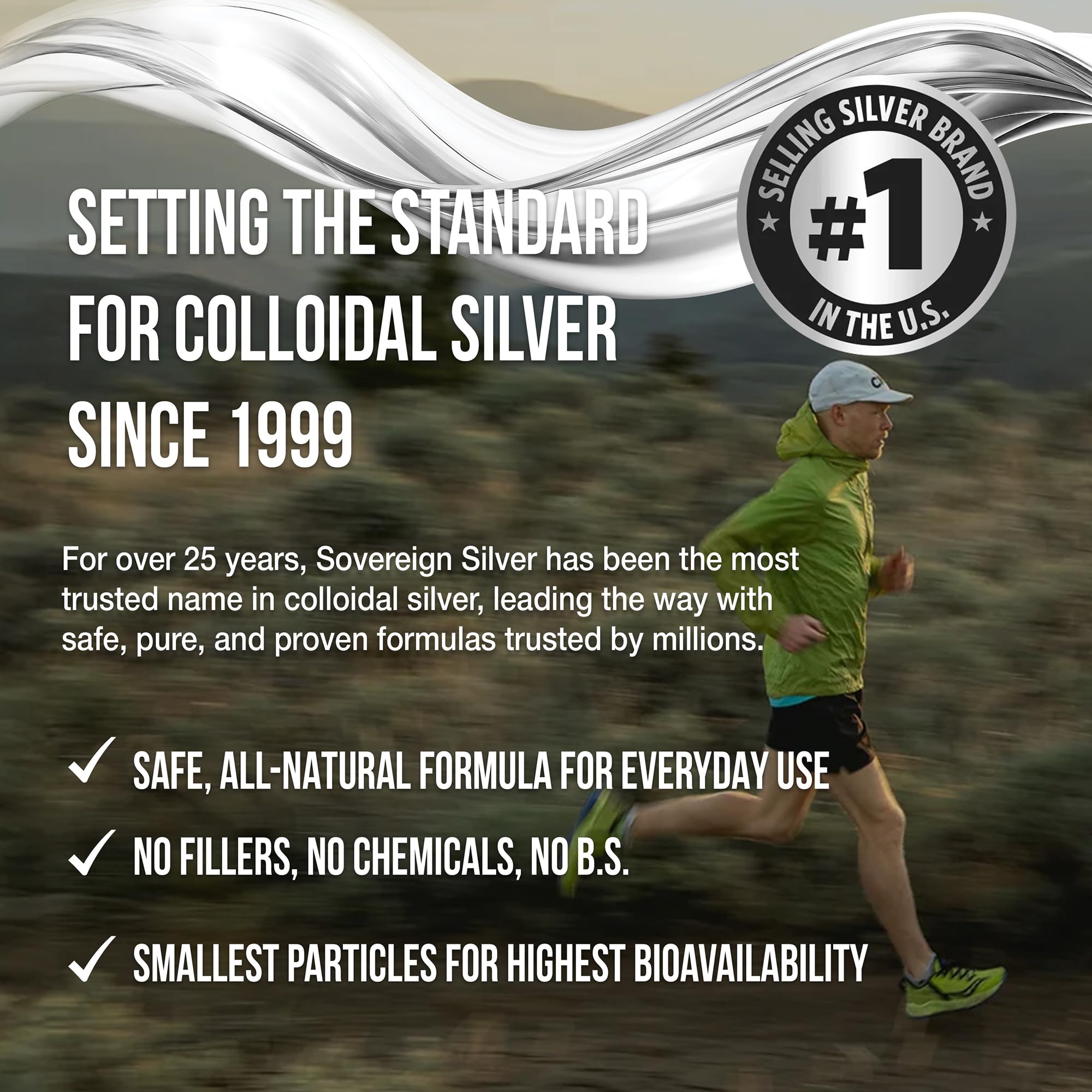 Sovereign Silver ingredients note featuring silver and purified water quality.