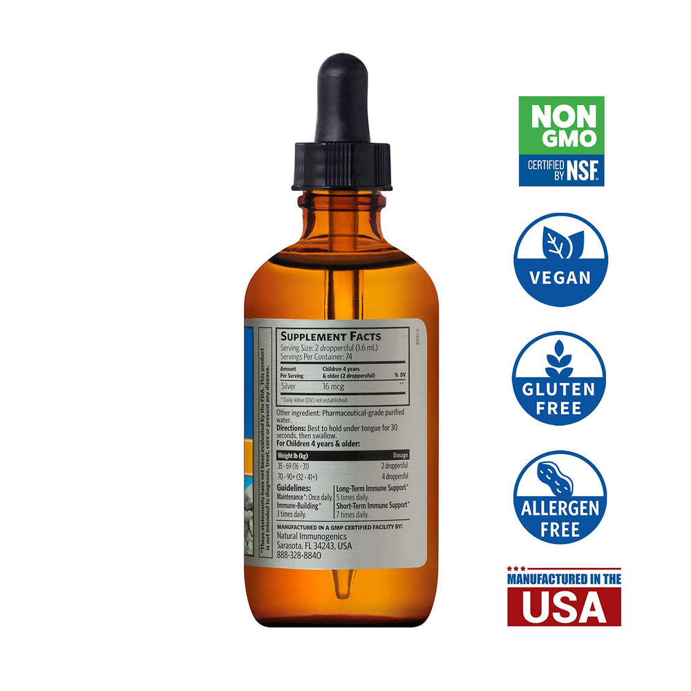 Sovereign Silver Kids label-ingredients highlights 99.999% silver and pharma-grade water.