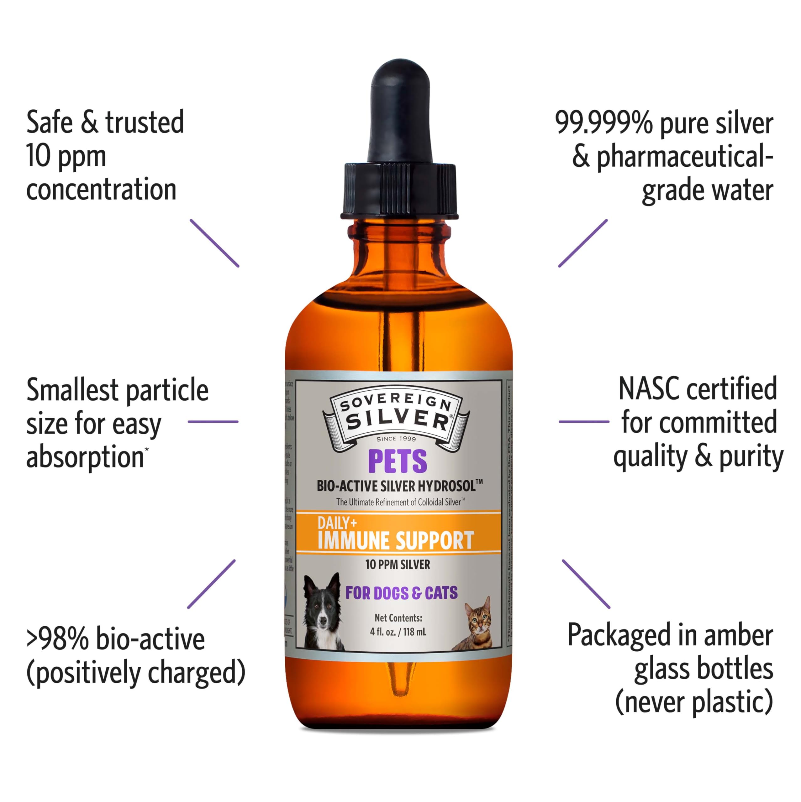 Sovereign Silver Pets amber glass bottle preserves purity for pets' supplements.