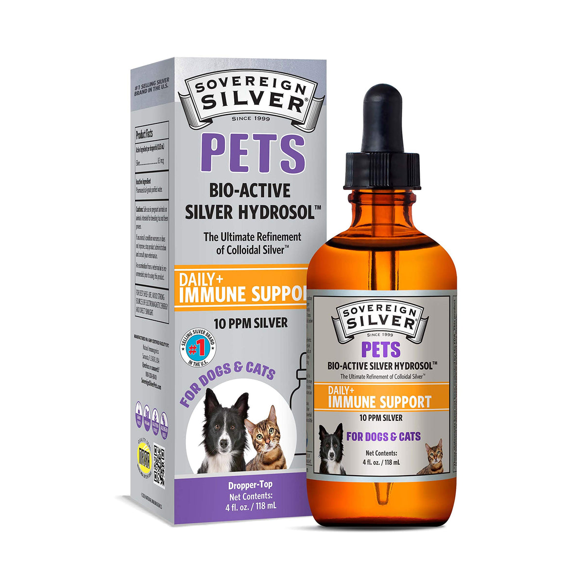 Sovereign Silver Pets immune bottle with dropper for gentle immune support in dogs and cats.