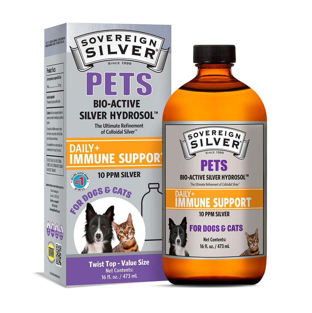 Sovereign Silver Pets Immune Support bottle shown for easy pet dosing on the go.