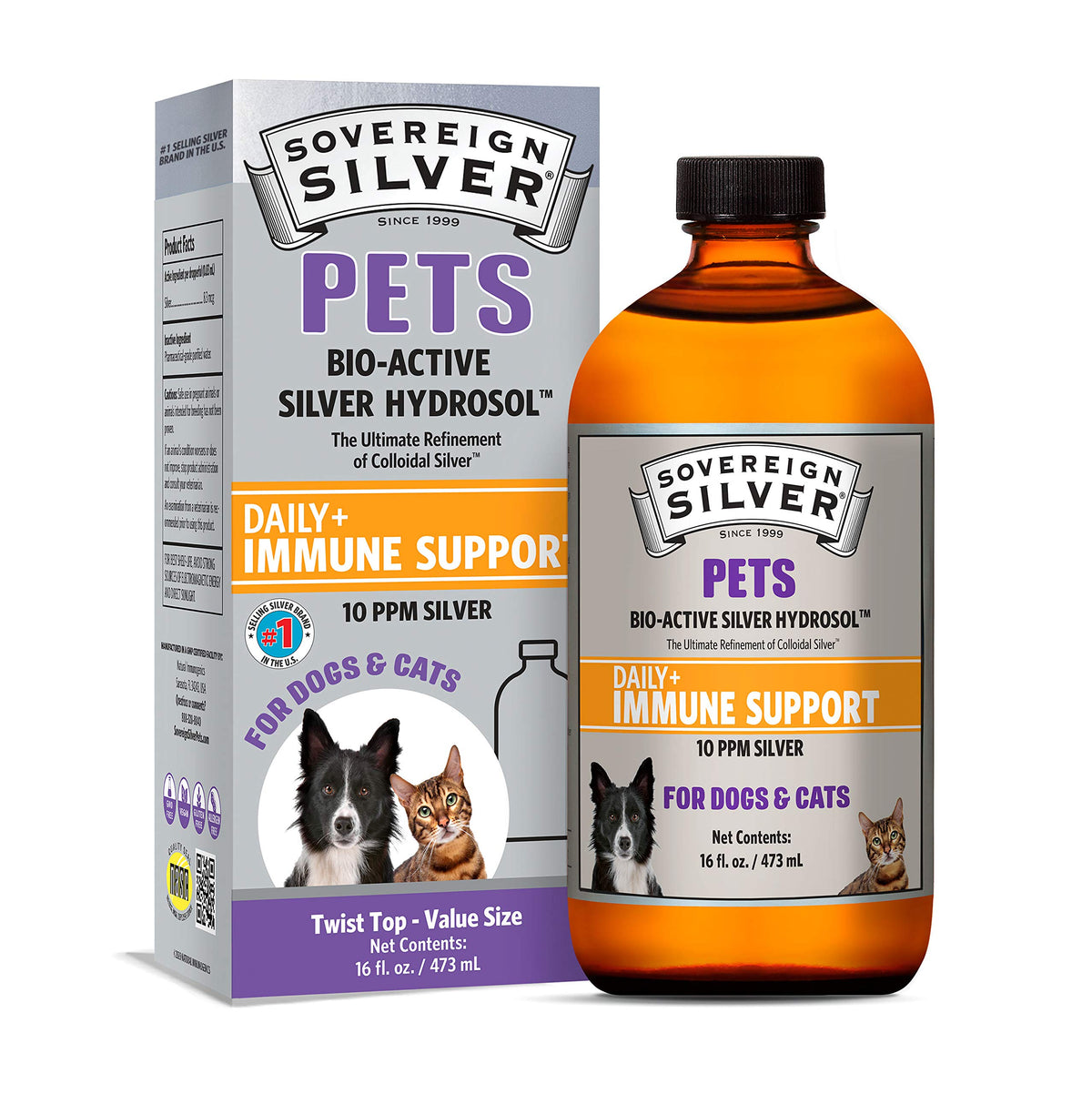 Sovereign Silver Pets Immune Support bottle shown for easy pet dosing on the go.