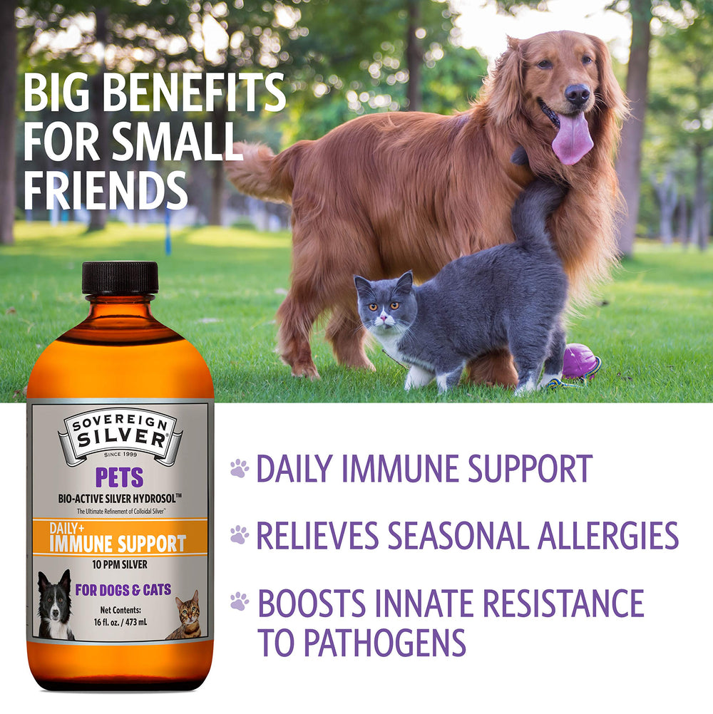 Sovereign Silver Pets drops demonstrated for daily immune support for dogs and cats.