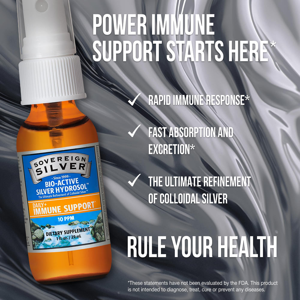 Sovereign Silver ingredients image underscores pure silver with pharmaceutical-grade water.