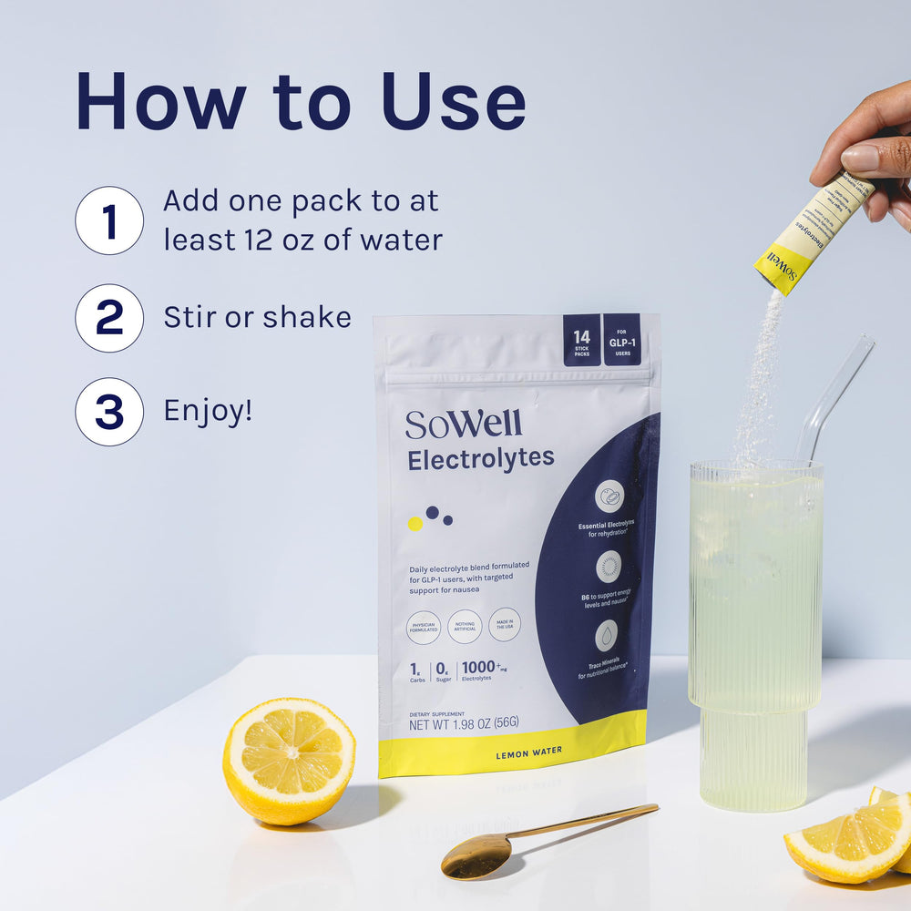 SoWell Electrolytes lemon stick pack illustrating sugar free appeal for active lifestyles