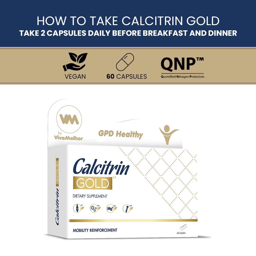Soy Sano Calcitrin Gold bottle label closeup showing calcium and vitamin D blend for bone health.