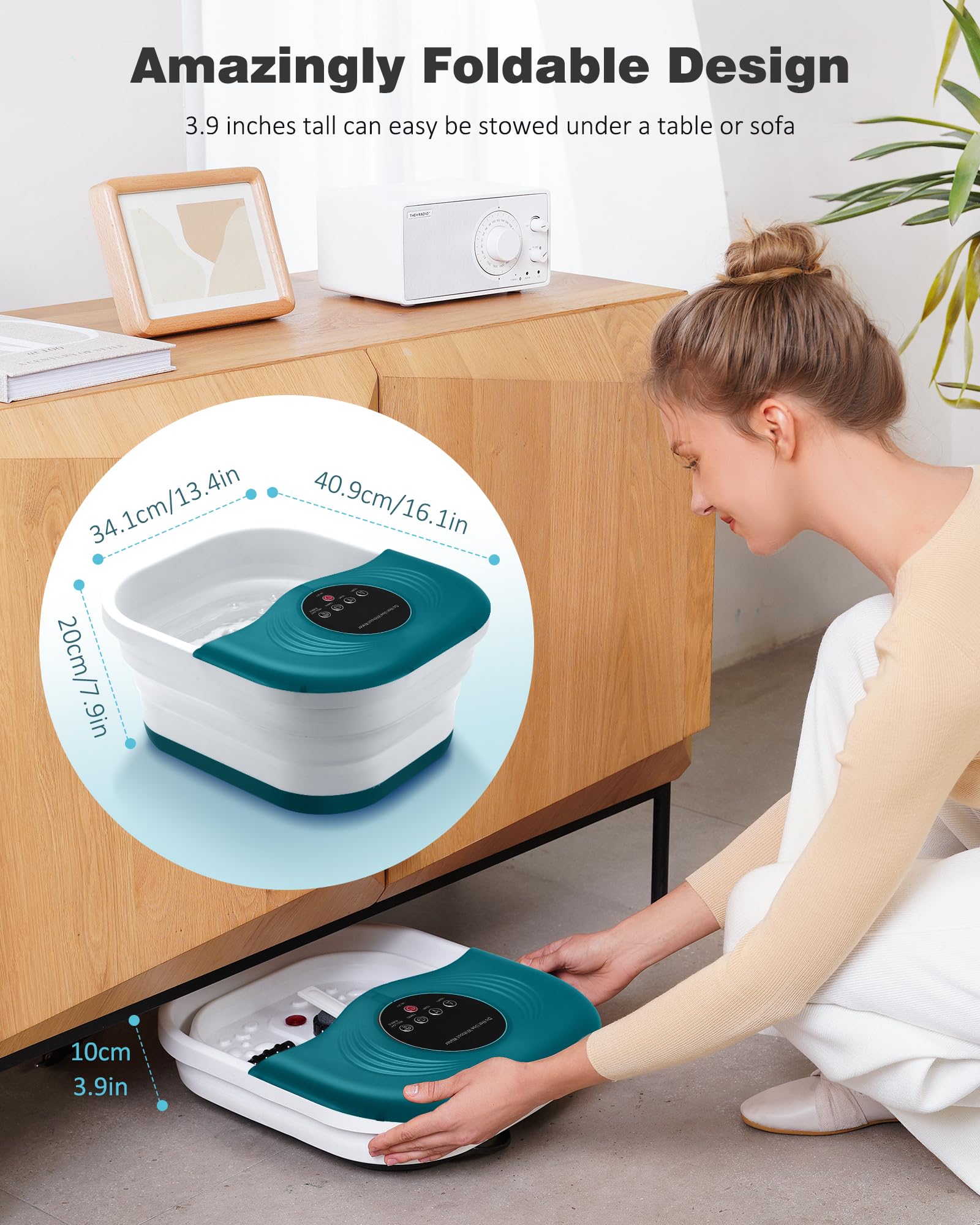 SPA4PIEDS collapsible tub saves space and stores flat for easy apartment or travel use.