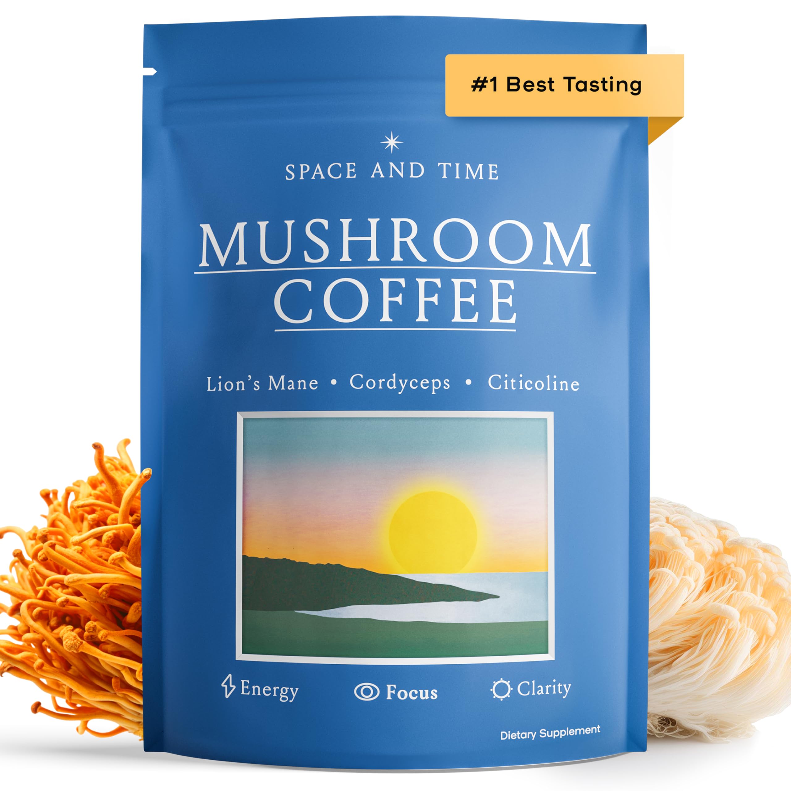 Space and Time Mushroom Coffee bottle with freeze-dried cold brew for focused energy.