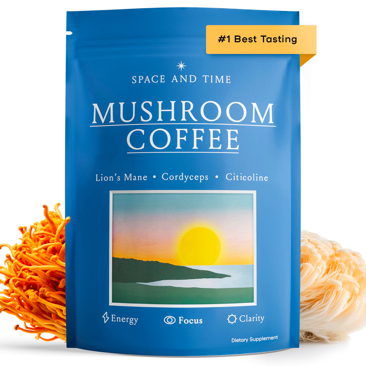 Space and Time Mushroom Coffee bottle with freeze-dried cold brew for focused energy.