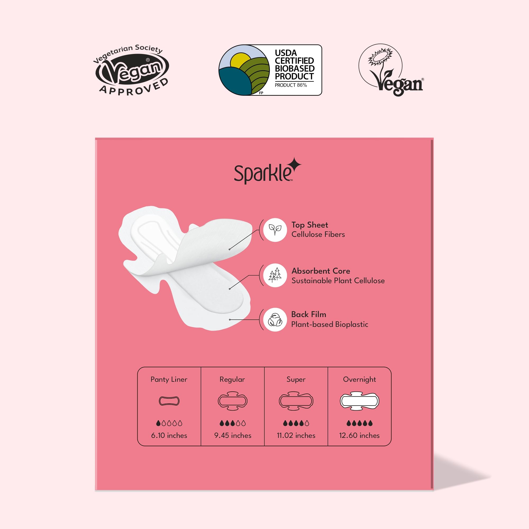 Sparkle pads top-sheet close-up shows cellulose softness and skin-friendly design.