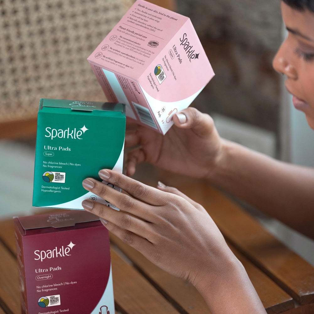 Sparkle Ultra Pads back film uses plant-based bioplastics to reduce waste.