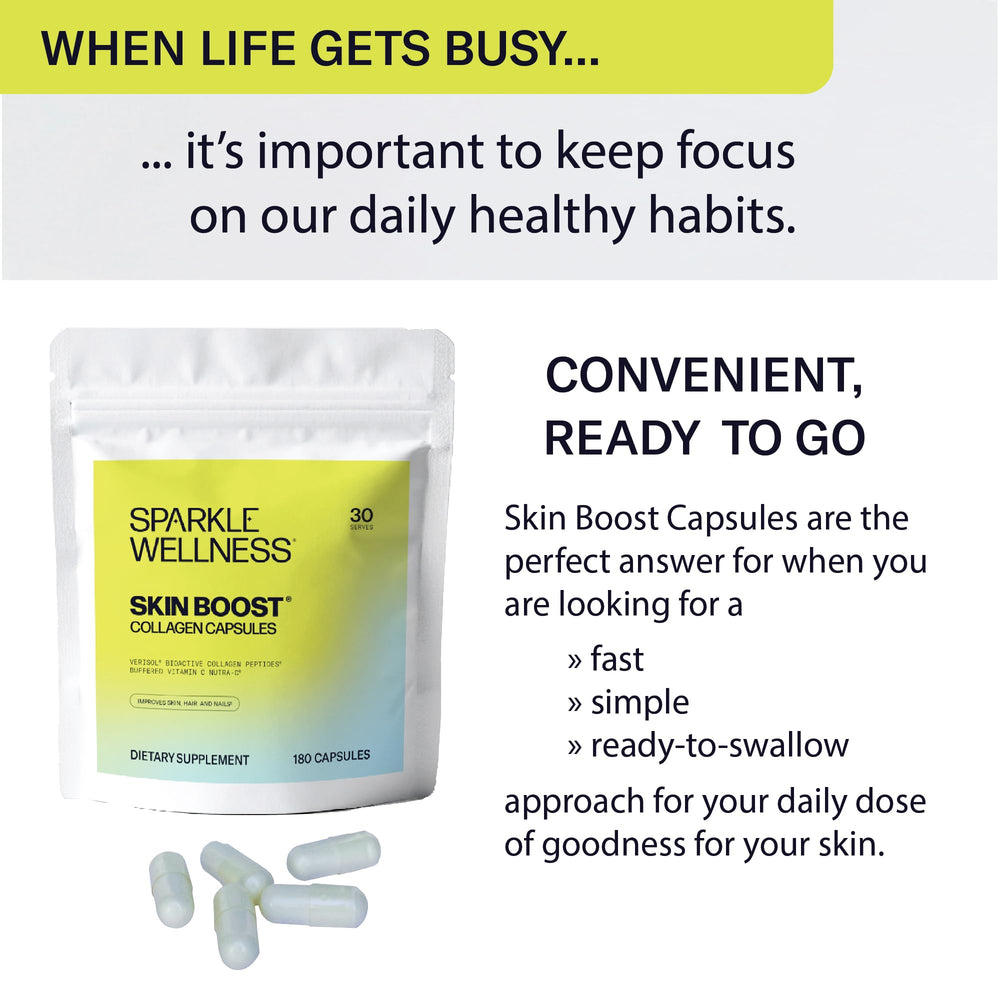 Sparkle Wellness Skin Boost 30-day supply graphic reinforces routine continuity.