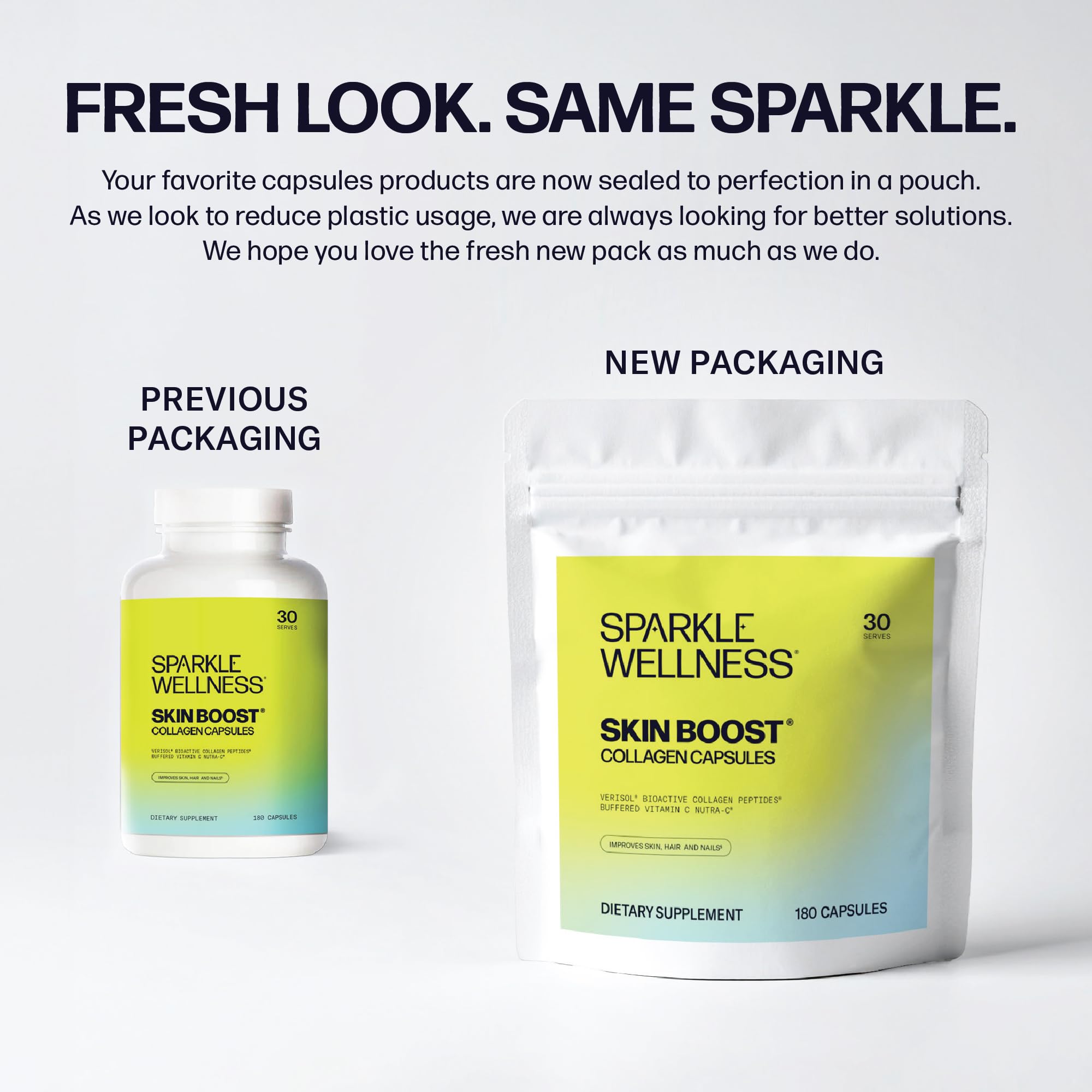 Sparkle Wellness Skin Boost bottle with glass beside it suggests easy daily use.