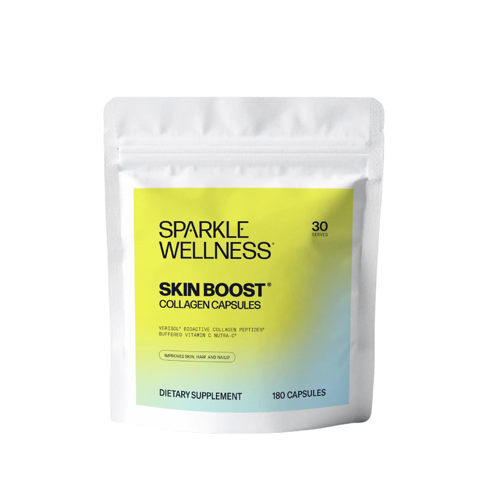 Sparkle Wellness Skin Boost bottle showcases capsules, supporting daily skin elasticity and a smoother complexion.