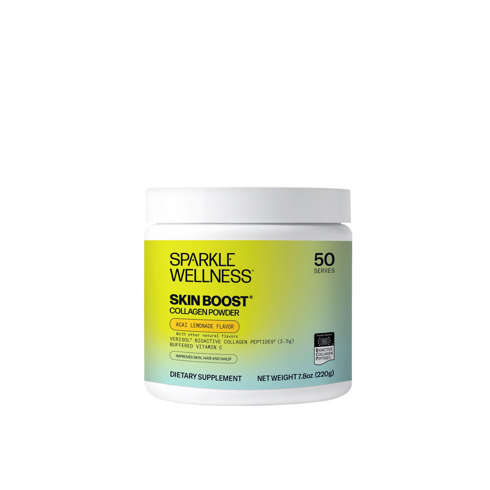 Sparkle Wellness Skin Boost scoop dissolving in a glass of water for daily use.