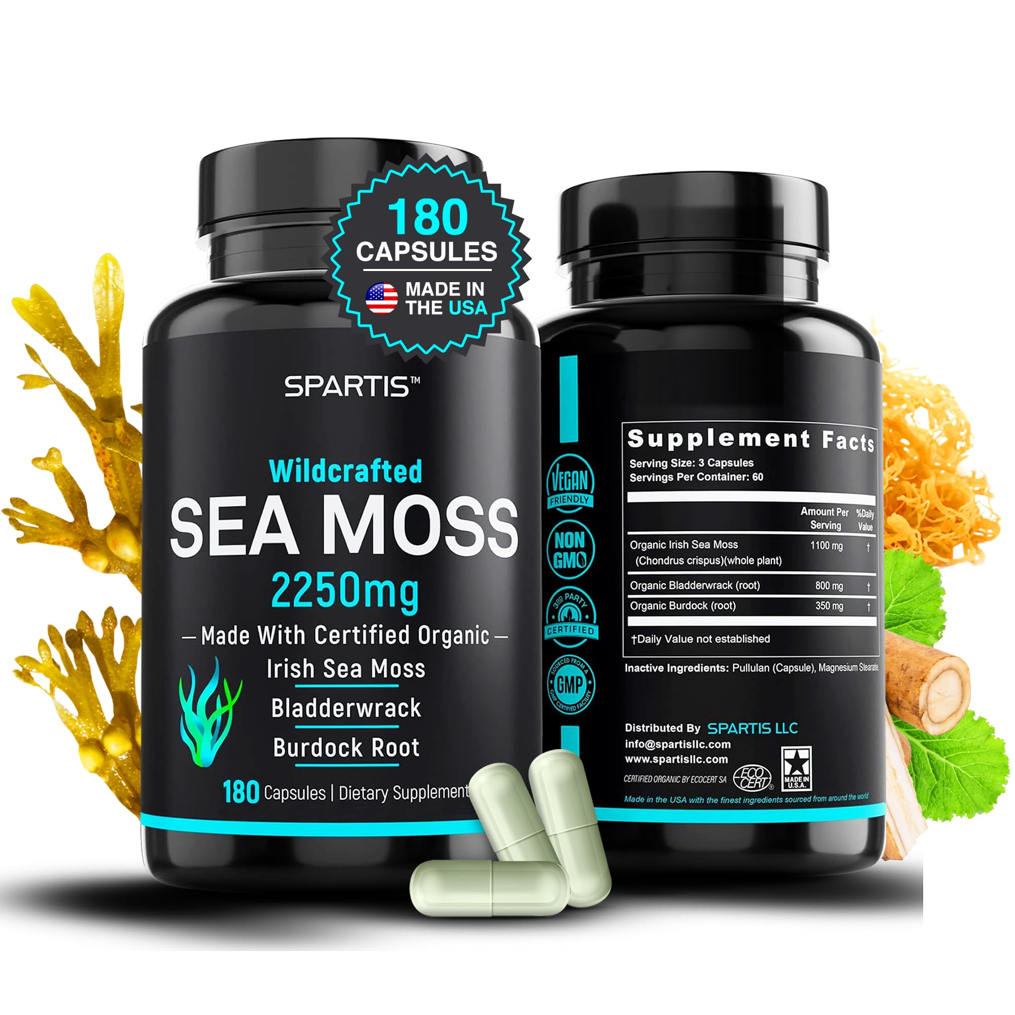SPARTIS sea moss capsules bottle showing 2250 mg serving for daily mineral intake