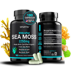 SPARTIS sea moss capsules bottle showing 2250 mg serving for daily mineral intake