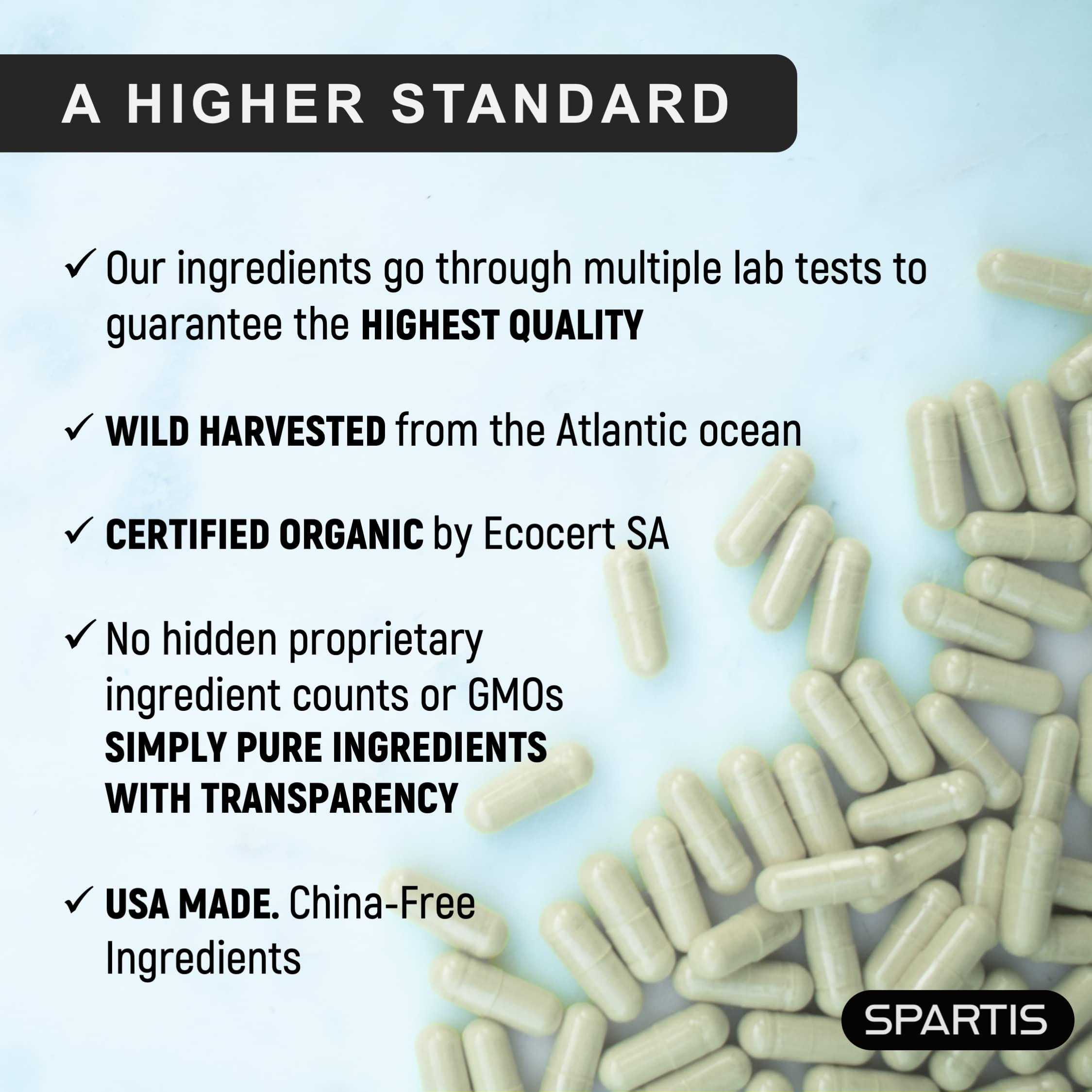 SPARTIS organic sea moss packaging emphasizes EcoCert certified ingredients