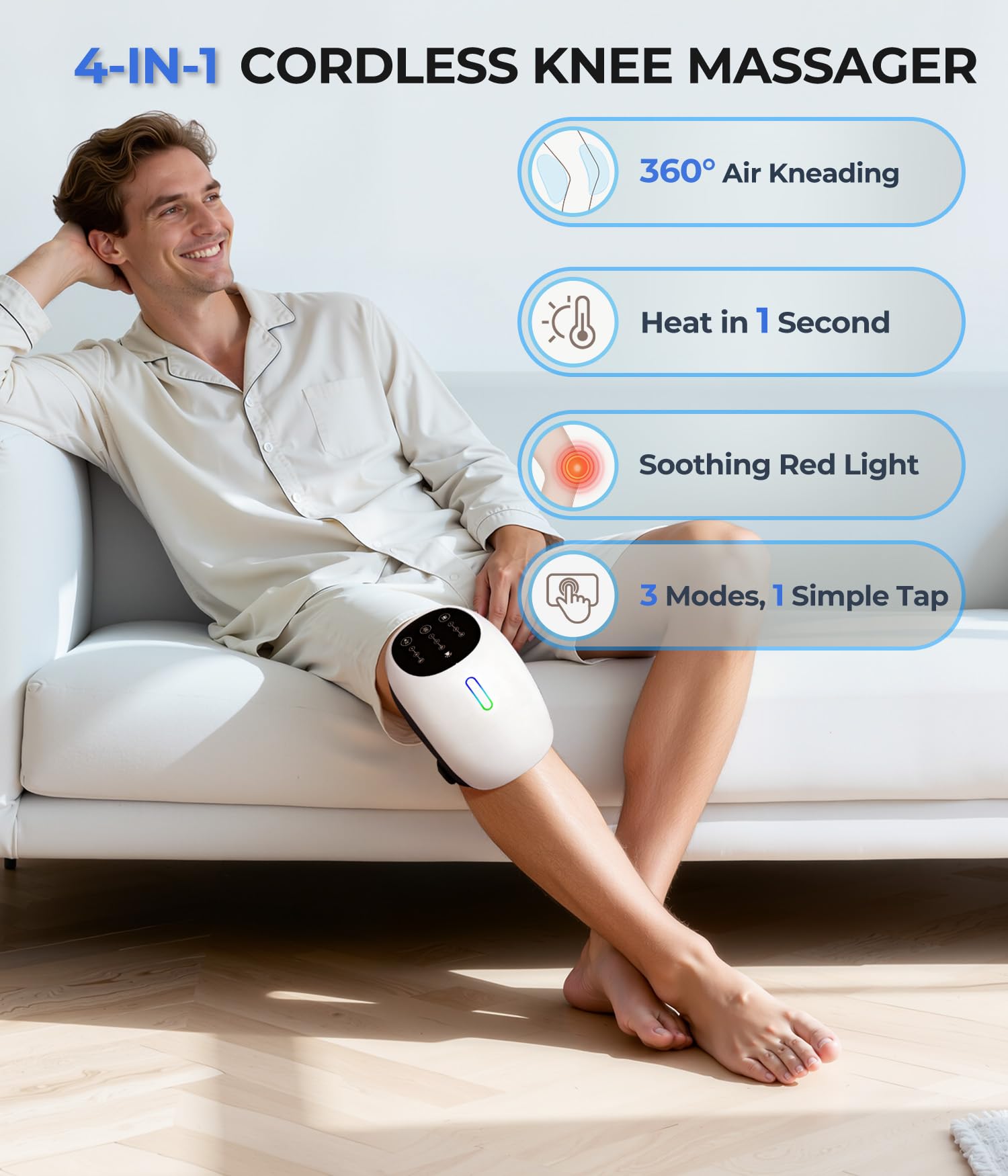 SPATOES massager showing instant heat and red light on the knee