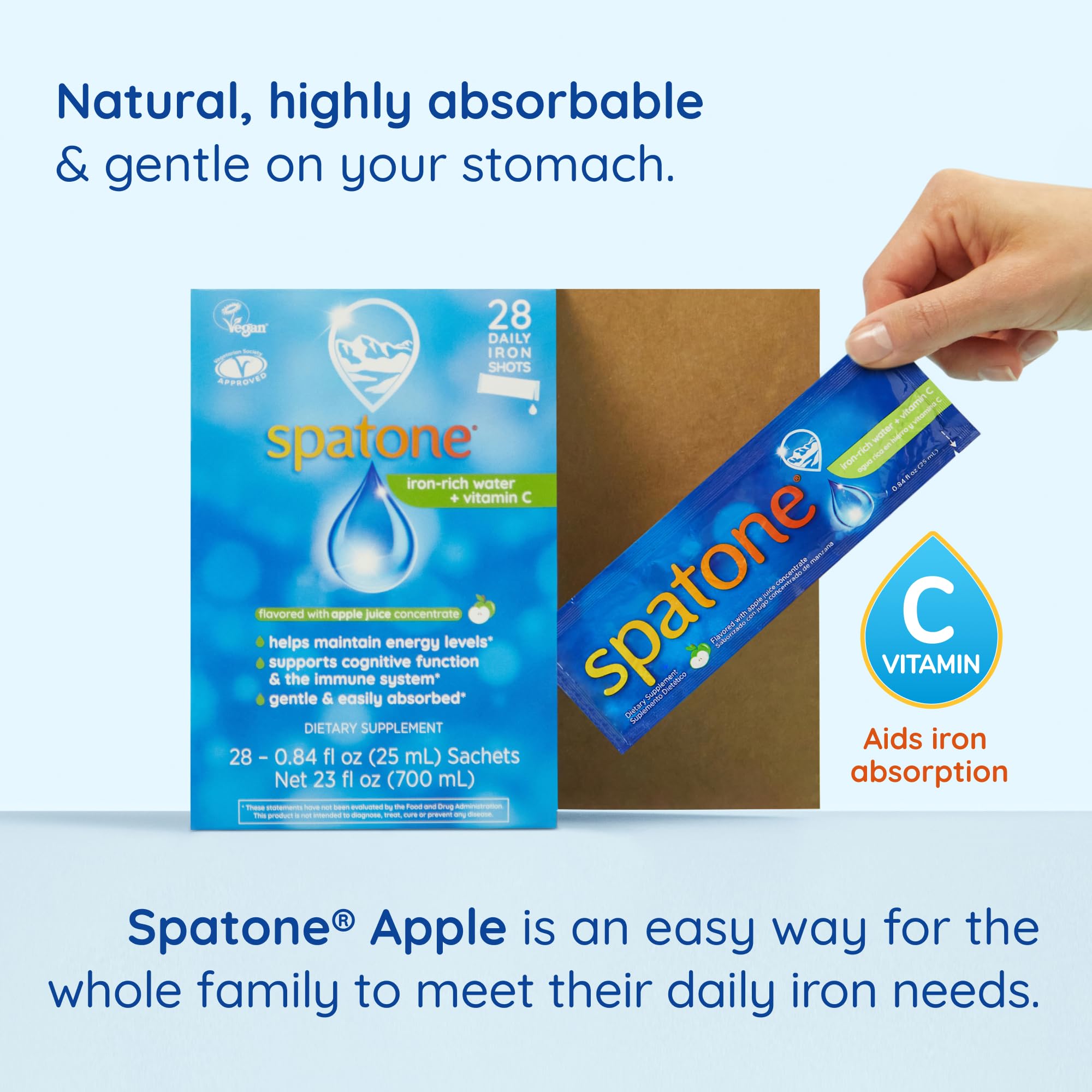 Spatone family-use packaging suitable for ages 4 and up, vegan-friendly