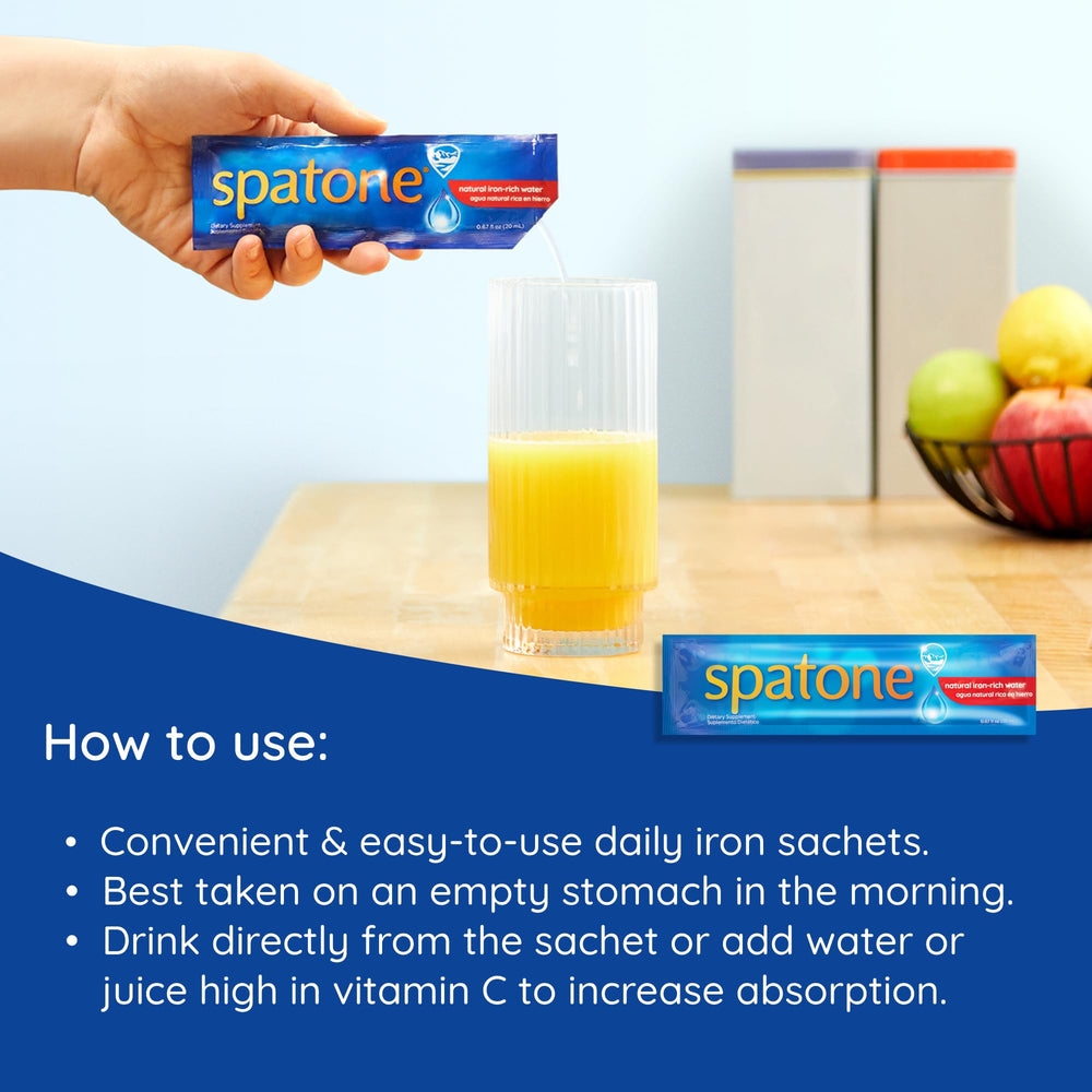 Sachet being poured directly from Spatone, gentle on stomach and simple to take