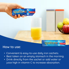 Sachet being poured directly from Spatone, gentle on stomach and simple to take