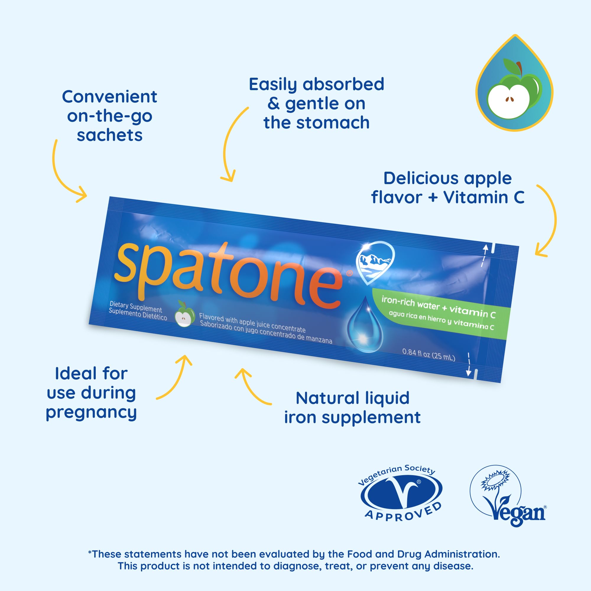 Spatone vegan-certified label on packaging for plant-based iron supplement